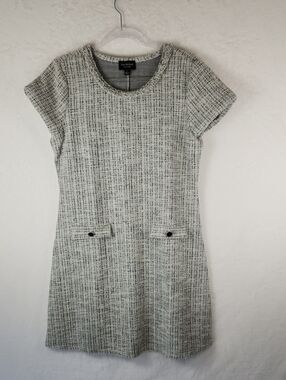 Short-Sleeve Tweed Shift Dress in Off White & Black with Shiny Silver.